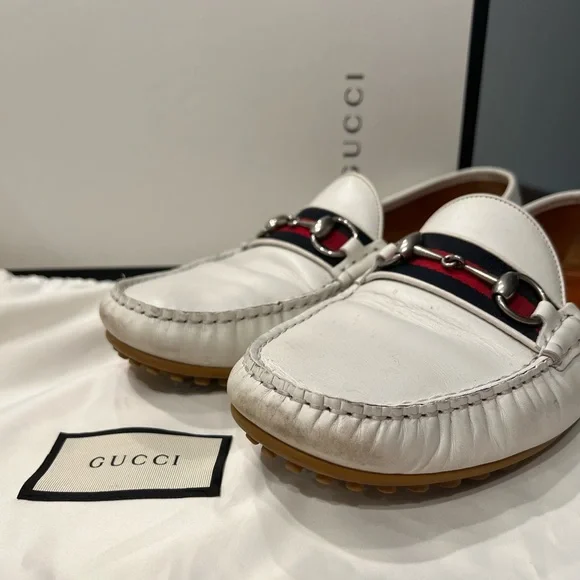 AUTHENTIC GUCCI MENS WHITE LEATHER LOAFERS - Picture 2 of 11